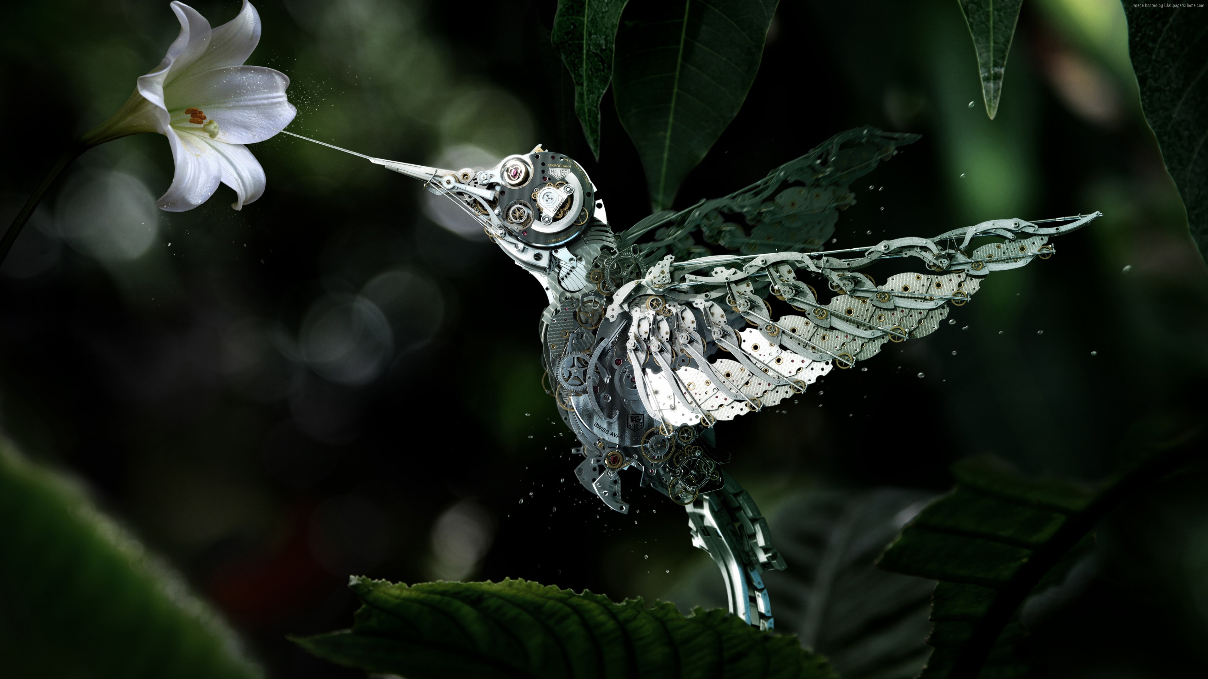 Wallpaper Hummingbird, Сolibri, steampunk, flower, leaves, green, drops, flying, bird, nectar, garden, nature, mechanical, Animals
